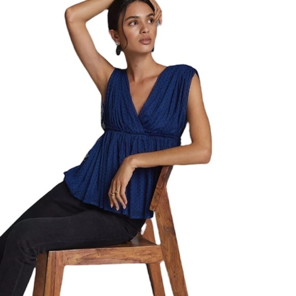 Anthropologie V-neck Navy Tulle Blouse Medium - Picture 1 of 4